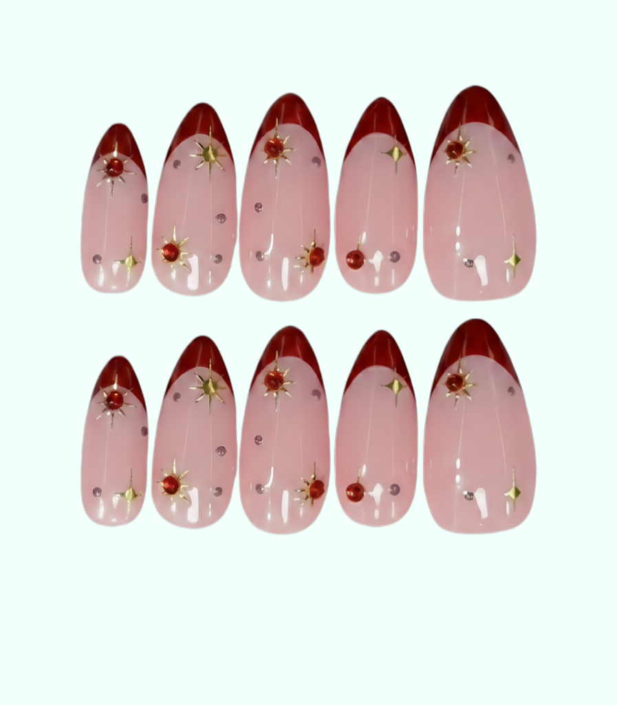 Set of pink nail art designs with red tips and decorative elements on a white background