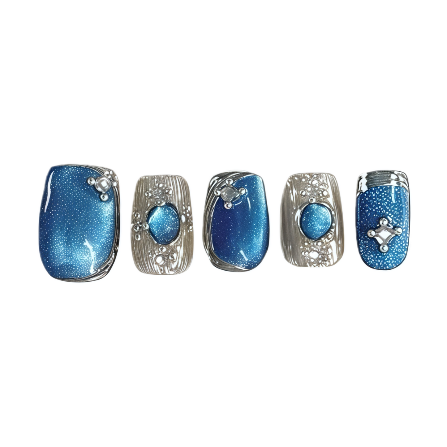 Five blue nail designs with silver accents on a white background