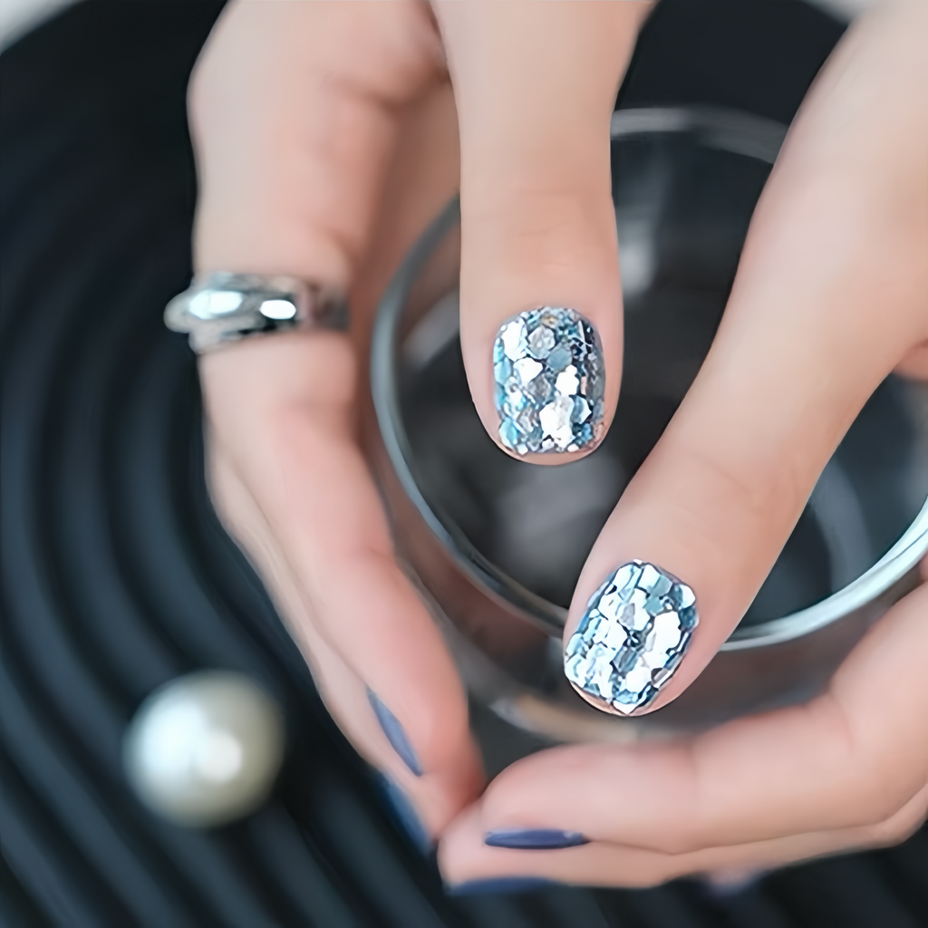 Close-up of a hand with glittery nail polish holding a pearl.