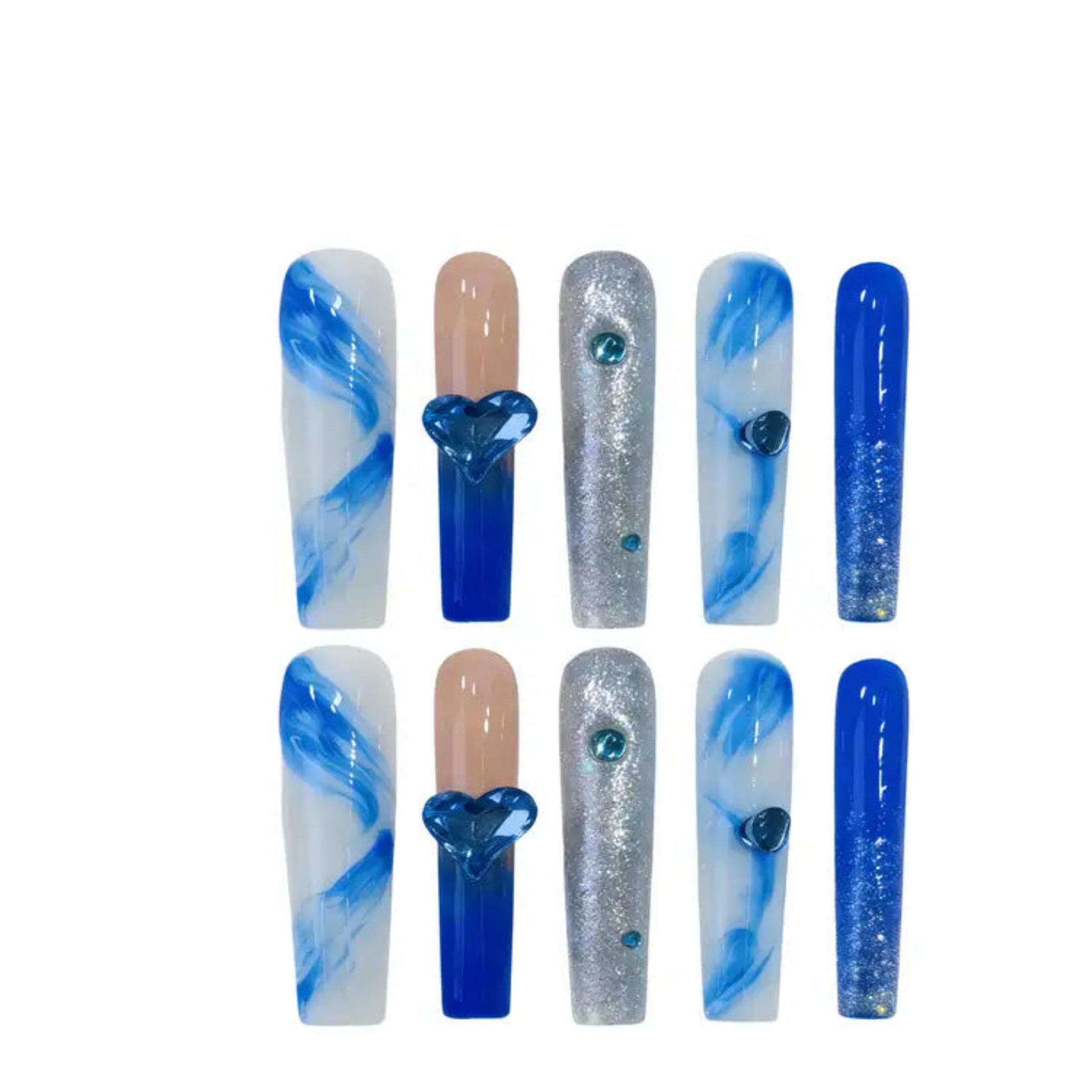Set of blue, white, and silver nail art designs on a white background