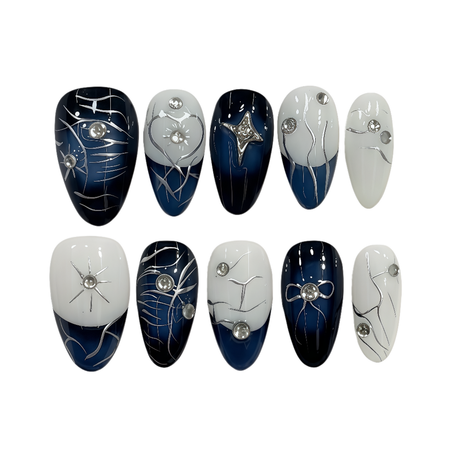 Set of nail art designs with blue, white, and silver decorations on a white background