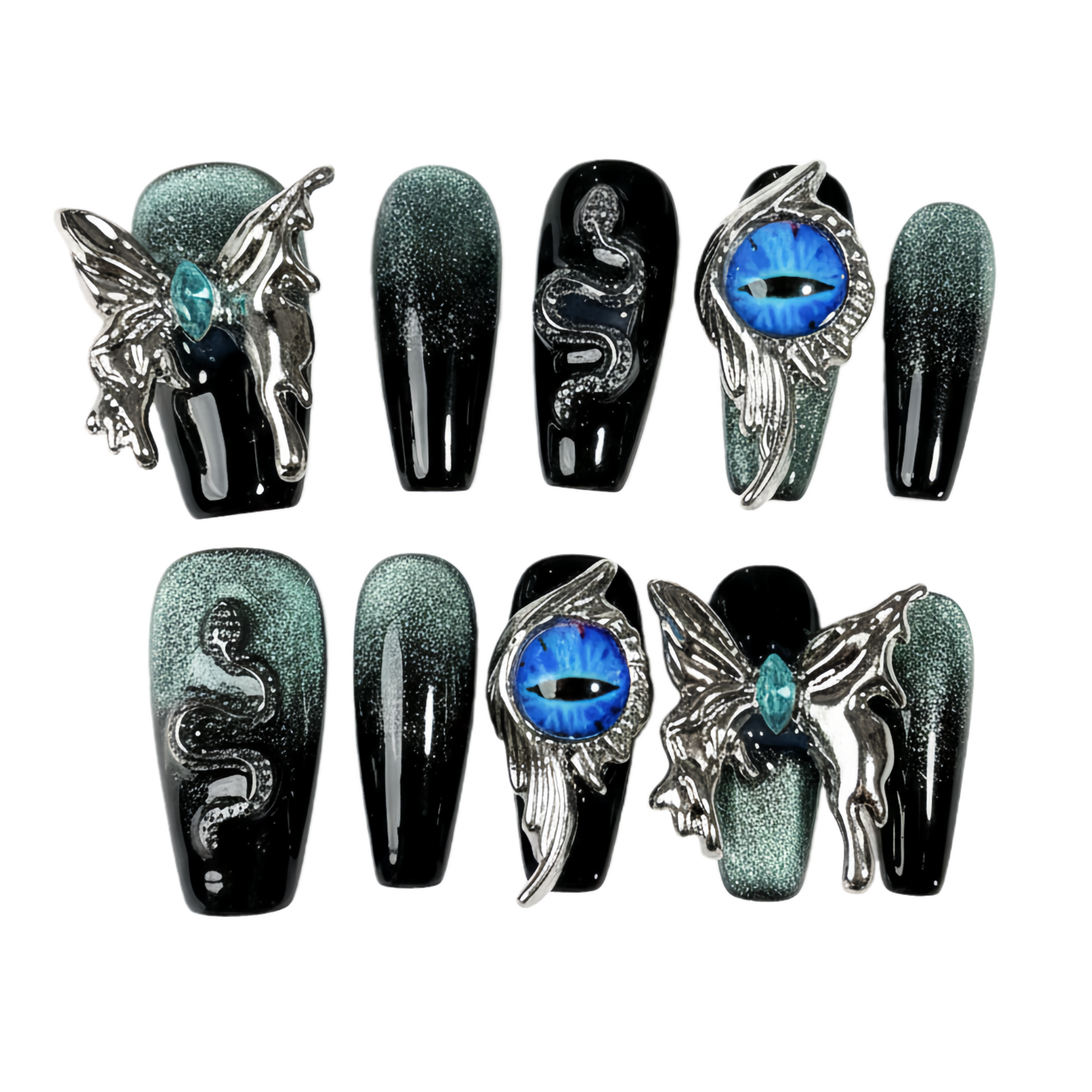 Decorative false nails with fantasy designs on a white background