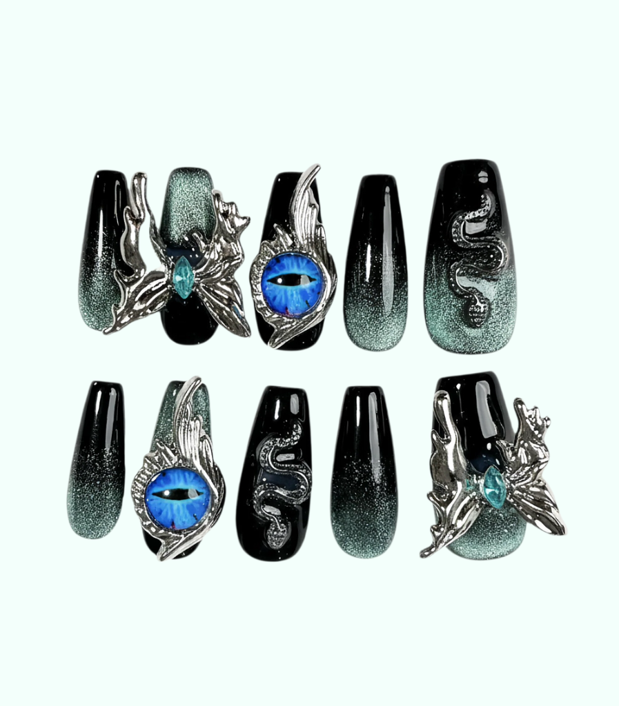 Decorative false nails with fantasy designs on a white background