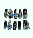 Decorative false nails with fantasy designs on a white background