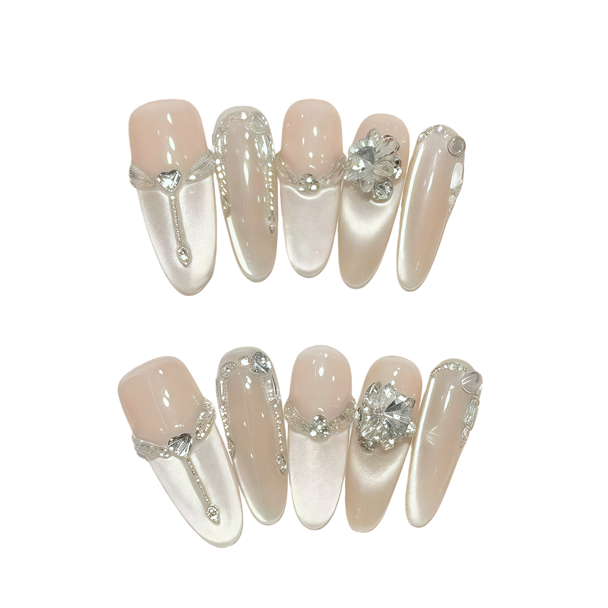 Set of decorative nails with rhinestones on a white background