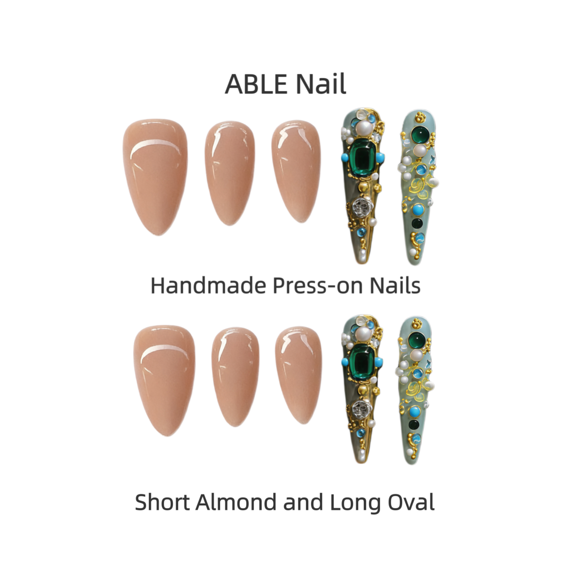 ABLE Nail handmade press-on nails with short almond and long oval shapes on a white background.