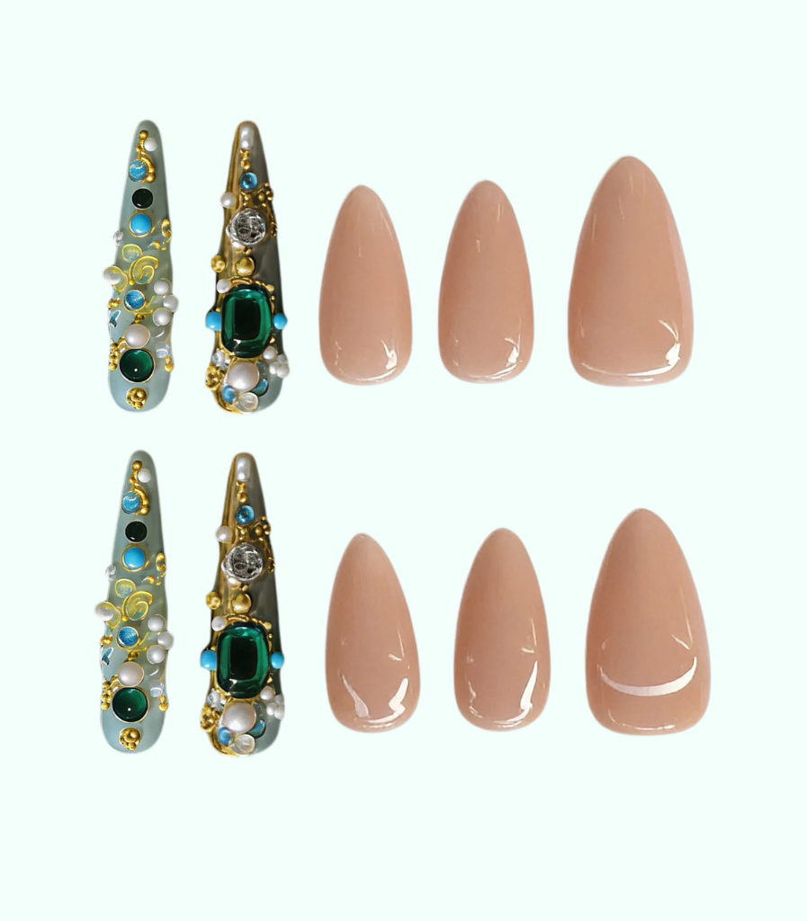 Nail art design with decorative nail tips and nude-colored nails on a white background