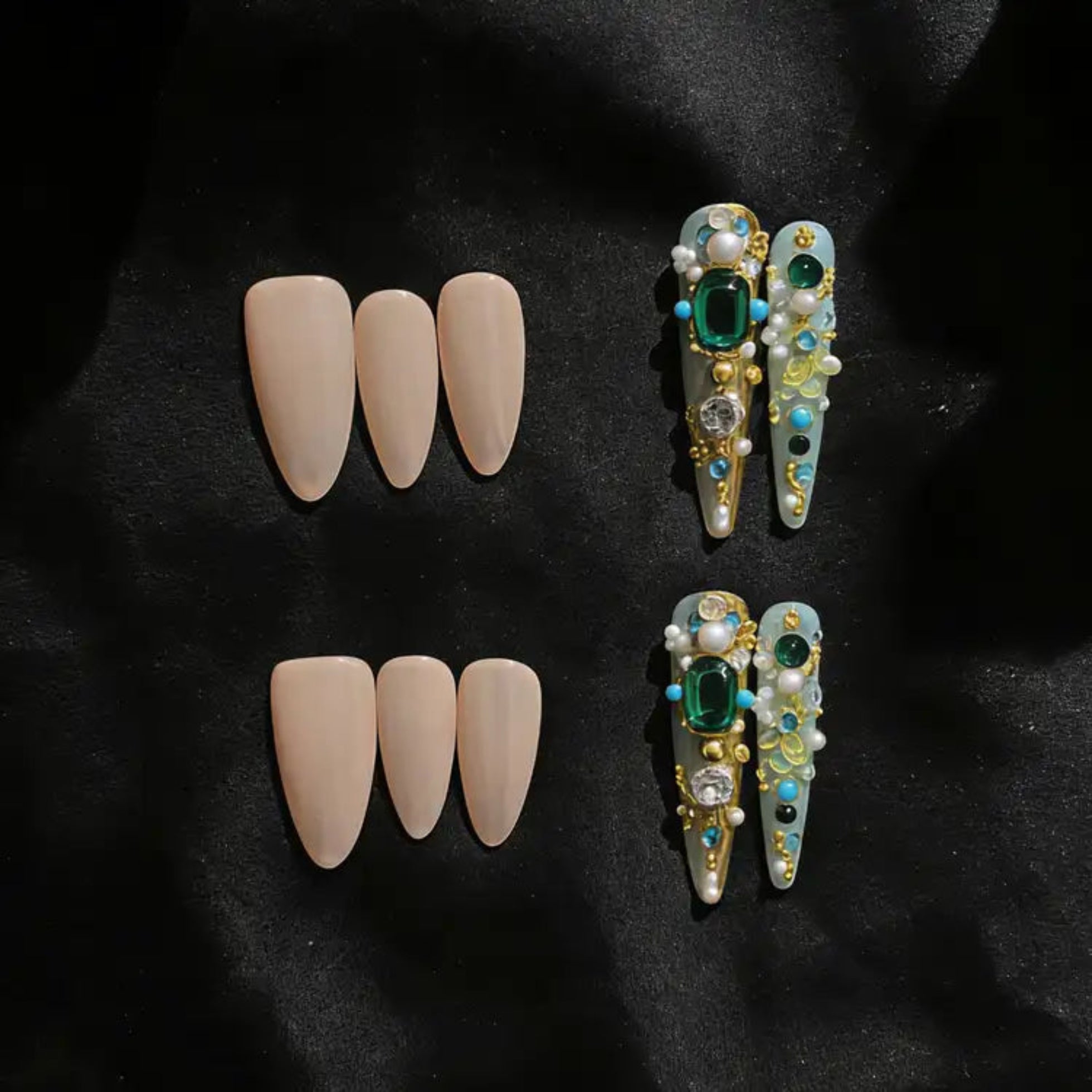 Set of beige nail caps and decorative hair clips with gemstones on a black background