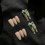 Decorative hair clips with gemstones and nude-colored hair extensions on a black background
