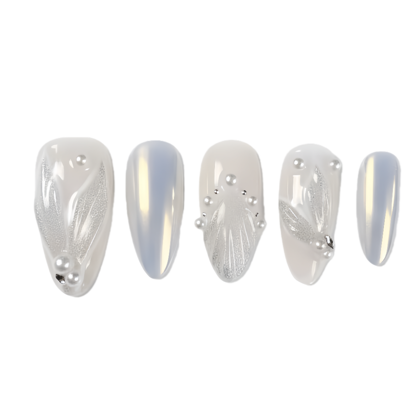 Set of five silver nail art designs on a white background