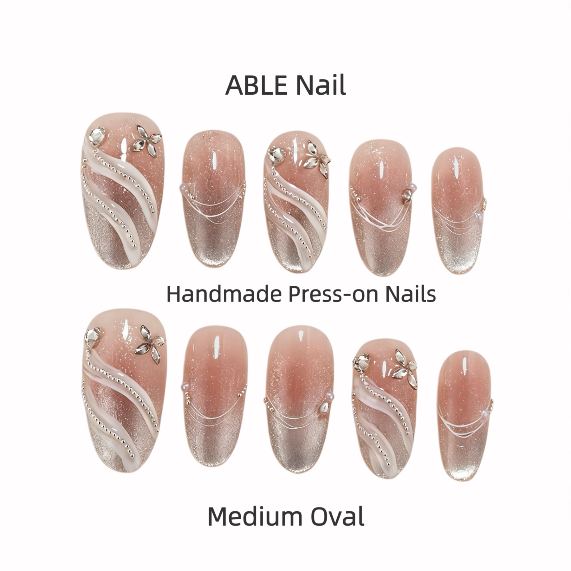 Handmade press-on nails with decorative elements on a white background, labeled 'ABLE Nail'.