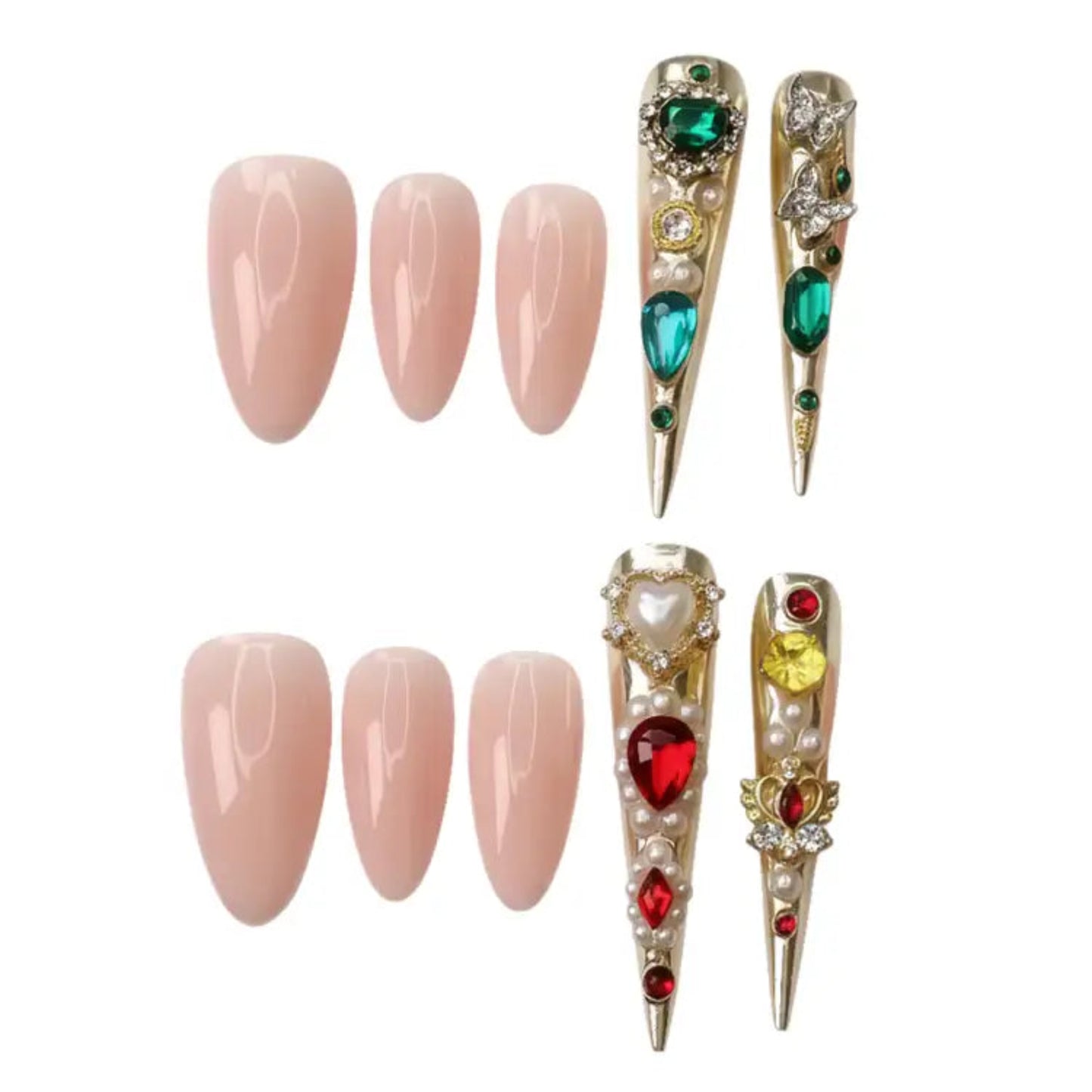 Set of decorative nail tips with gemstone embellishments on a white background