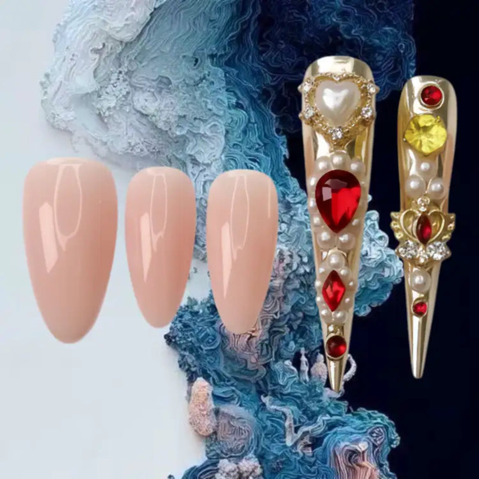 Decorative hair clips with gemstones and nail samples on a textured background