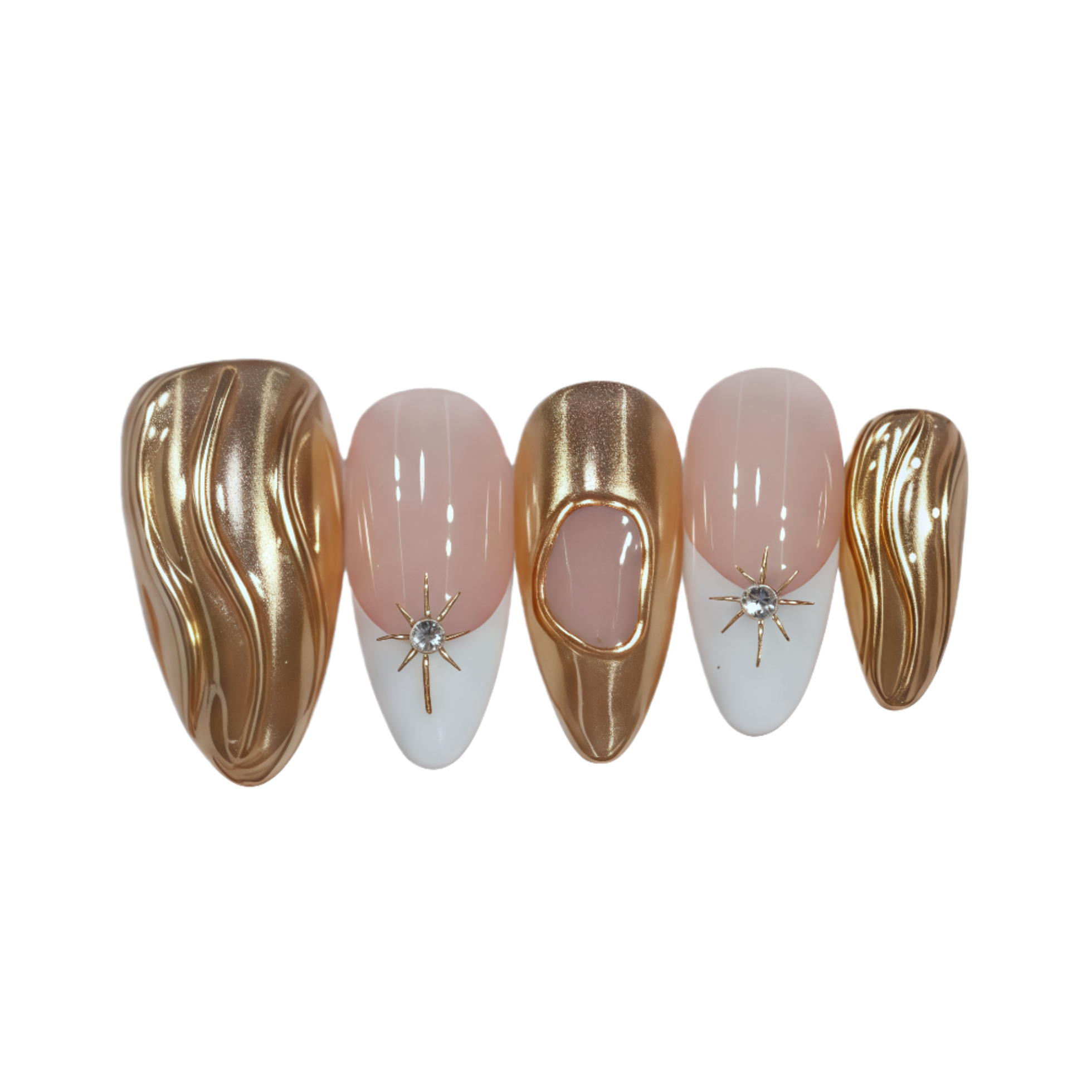 Set of nail art designs with gold, white, and pink colors on a white background