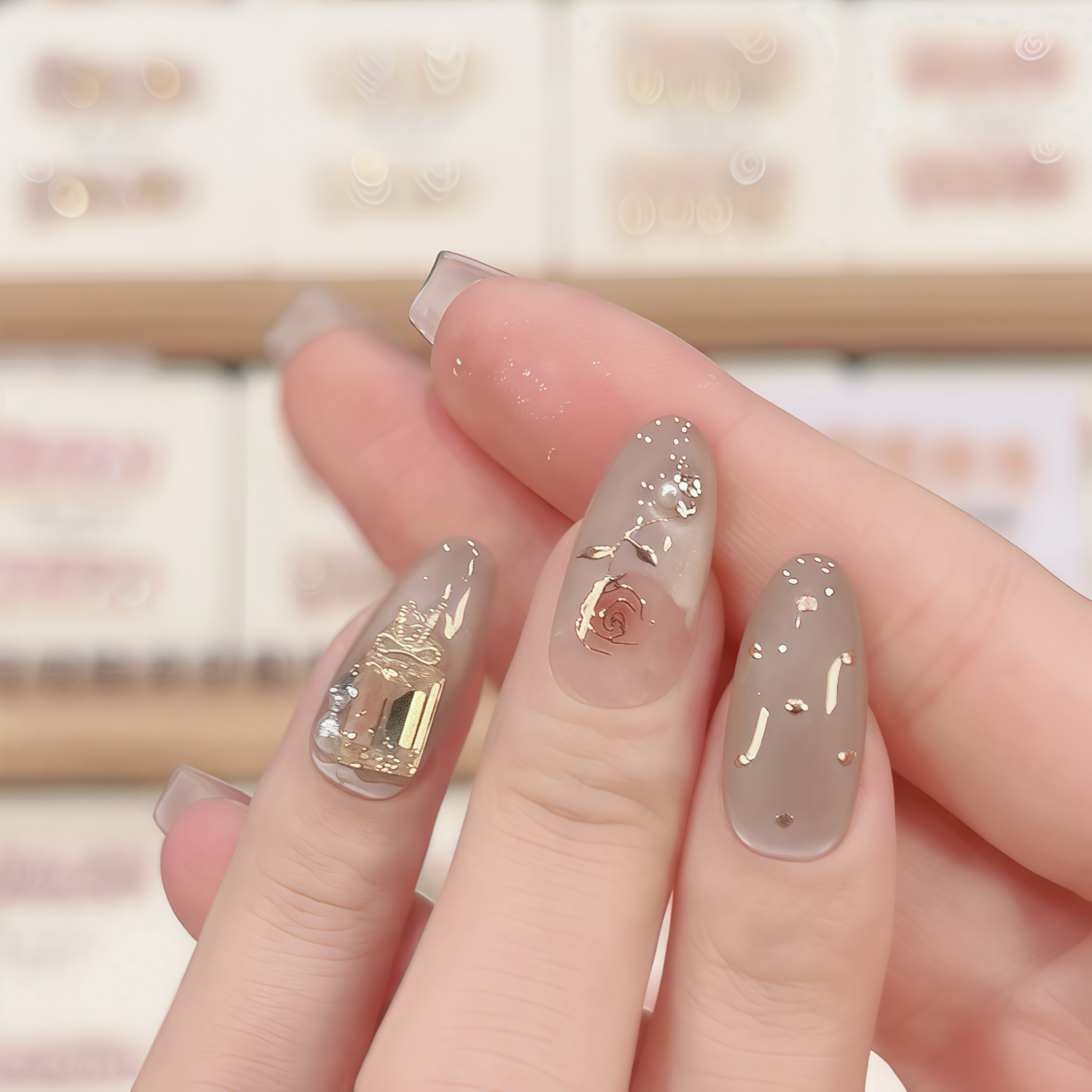 Close-up of a hand with clear nail polish and gold accents on a blurred background