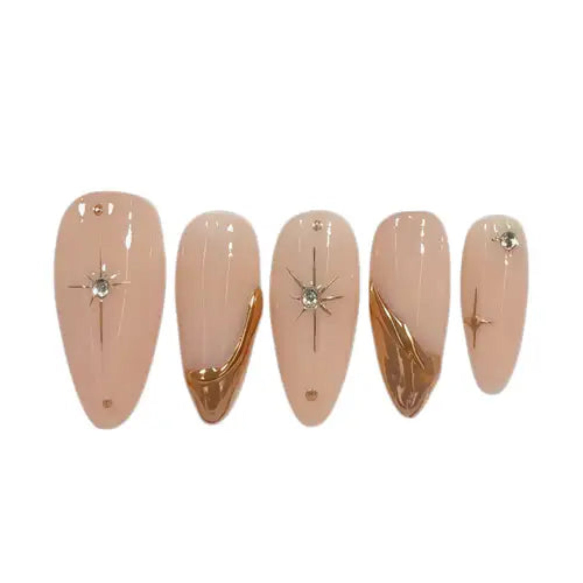 Set of five decorative false nails with gold and rose gold accents on a white background
