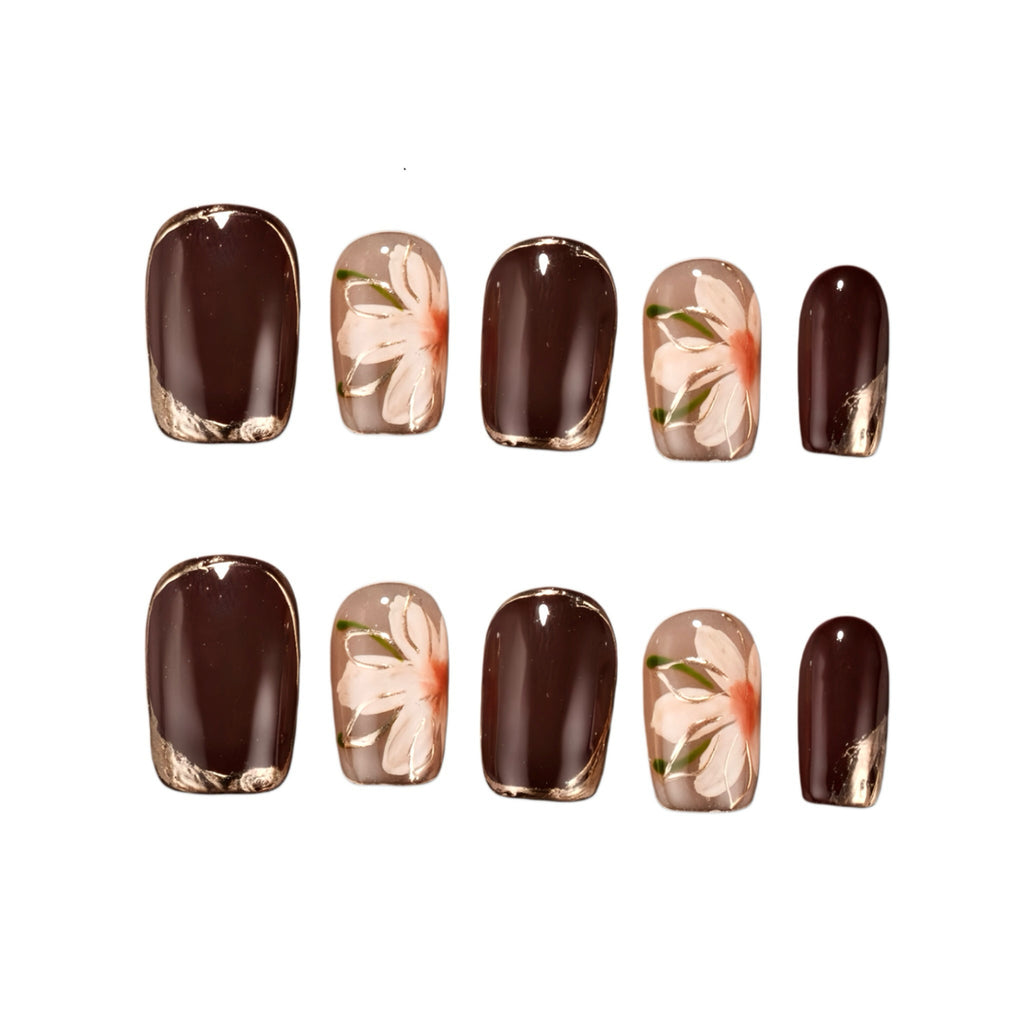 Set of nail art designs with floral patterns on a white background