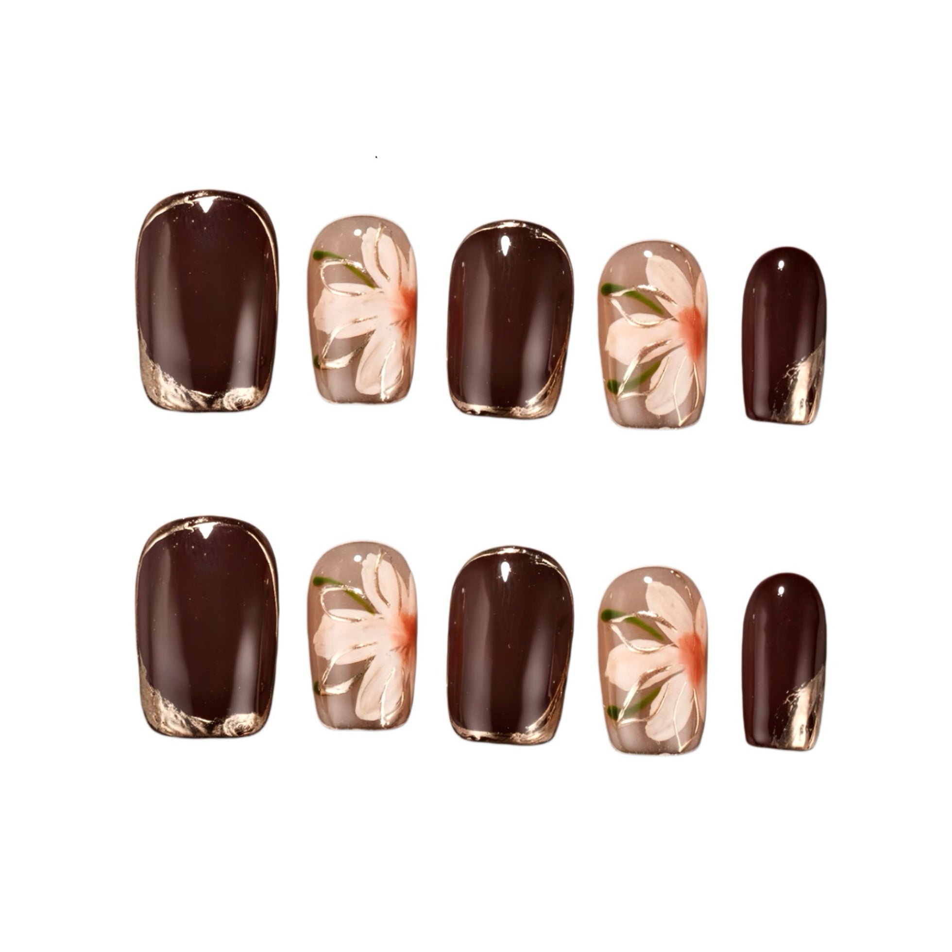 Set of nail art designs with floral patterns on a white background