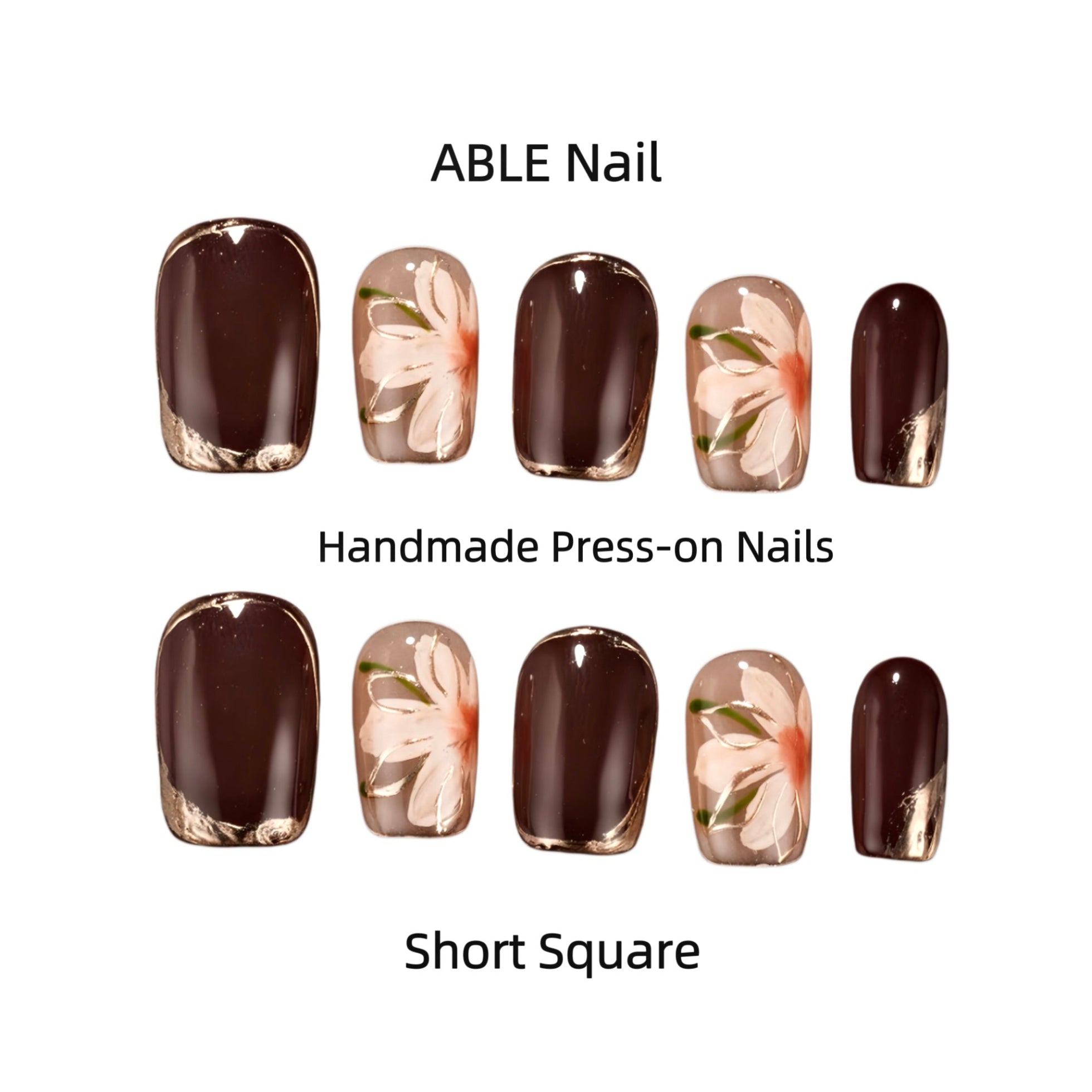 Handmade press-on nails with floral design and brown base color, labeled 'ABLE Nail'.