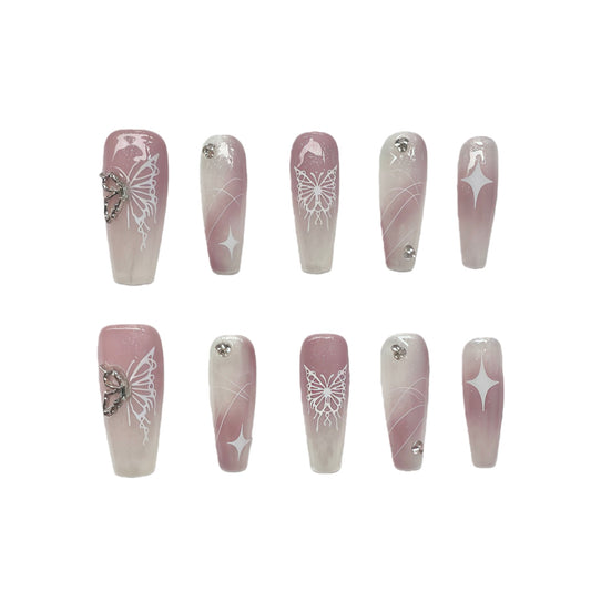 Girly Butterfly Rhinestone Press - on Nails | Pink Ombre Long Coffin False Nails