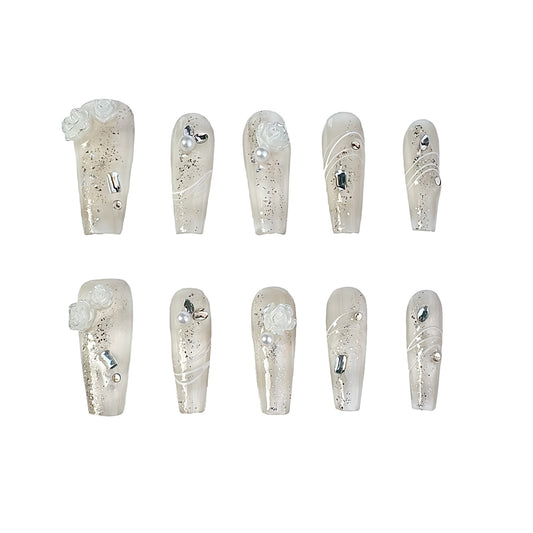 Glam 3D Rose Pearl Glitter Press - on Nails | Elegant Long Coffin False Nails
