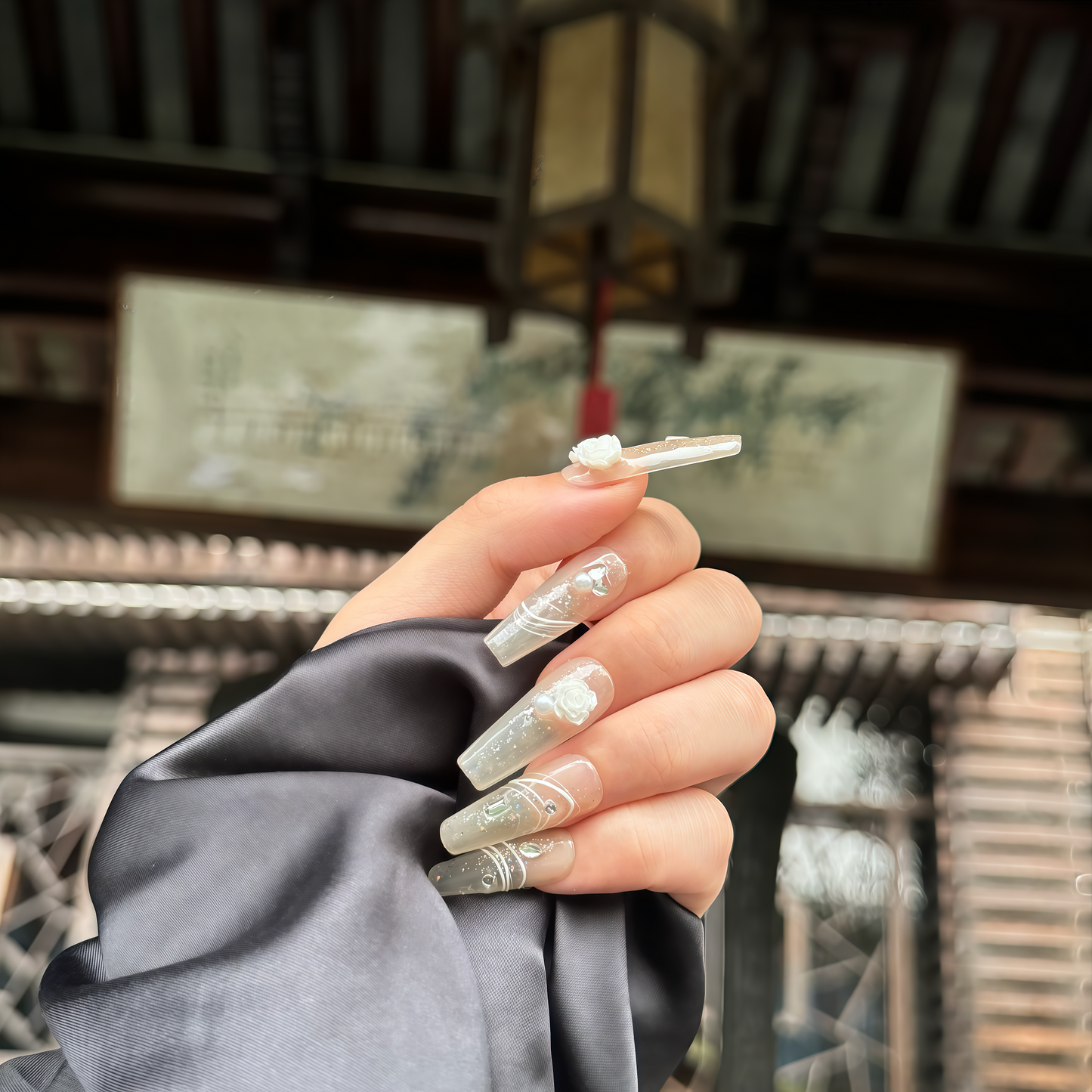 Glam 3D Rose Pearl Glitter Press - on Nails | Elegant Long Coffin False Nails
