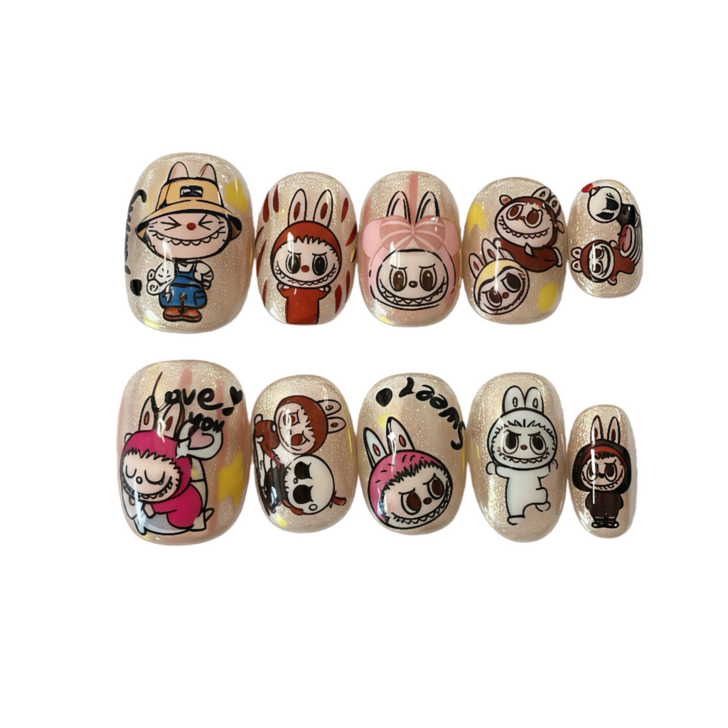 Set of cartoon-themed wooden toys on a white background