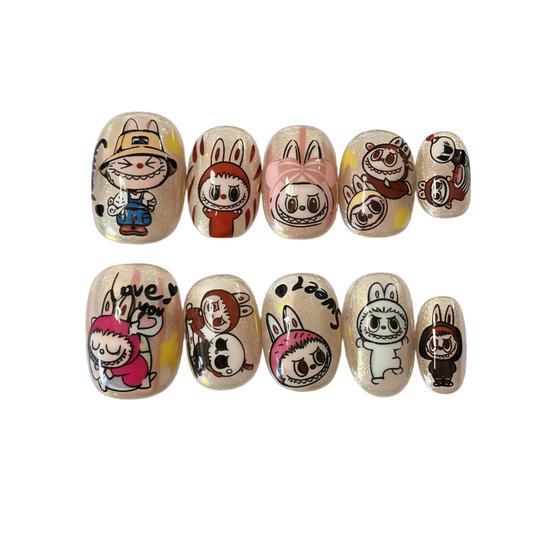 Set of cartoon-themed wooden toys on a white background