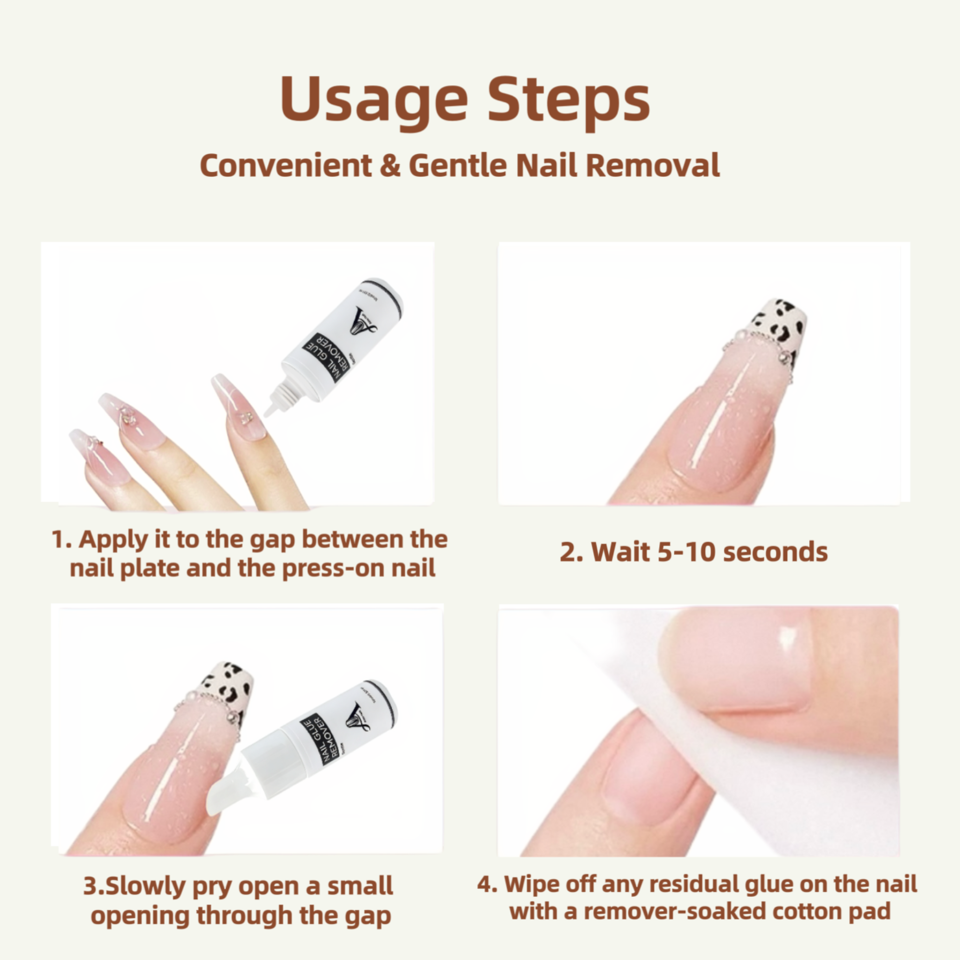 Step-by-step guide for using a nail removal product with images and text.