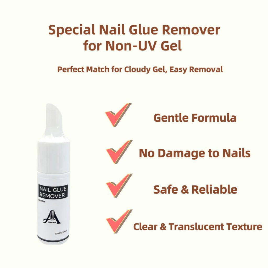 Nail glue remover with features listed on a white background