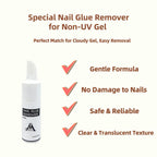 Nail glue remover with features listed on a white background