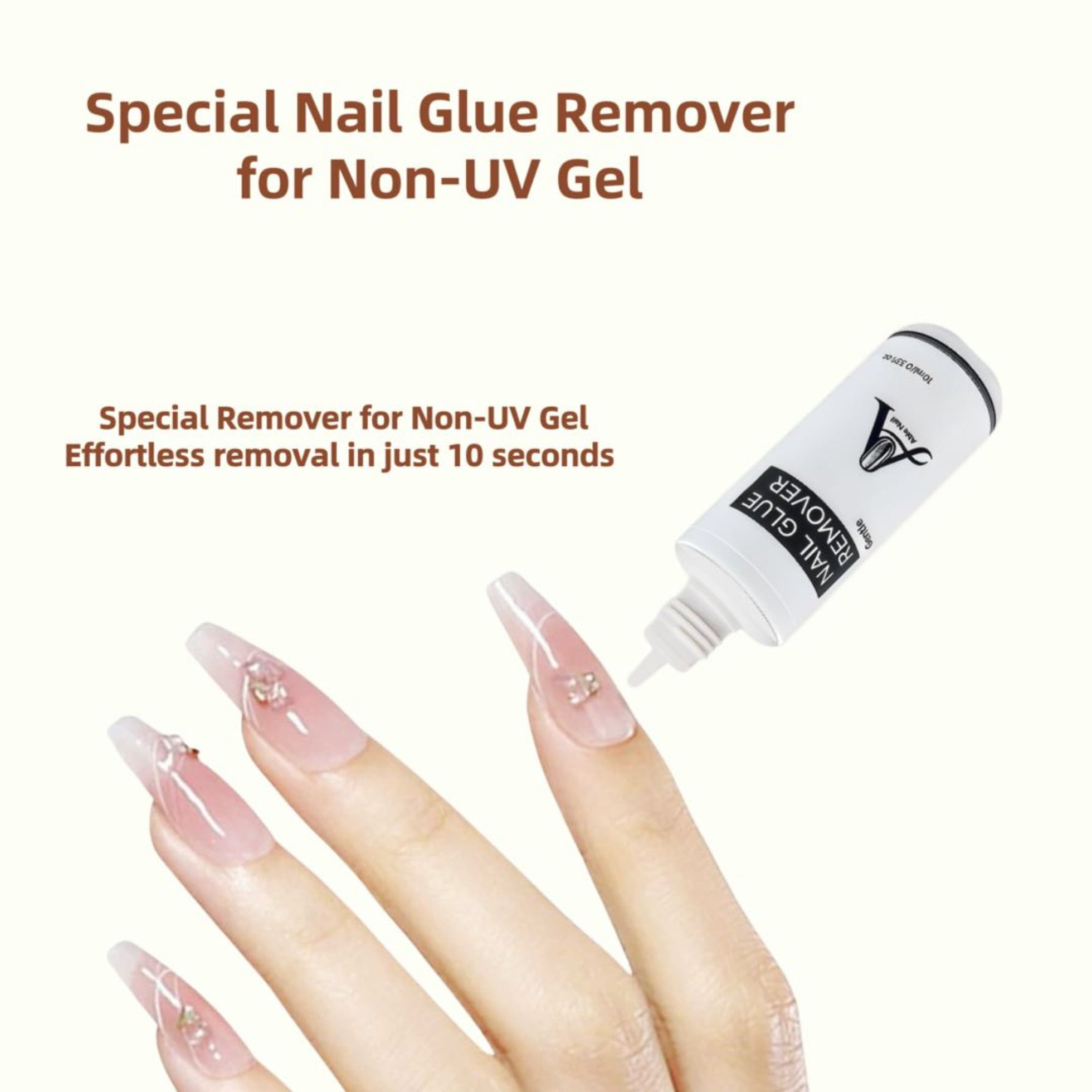 Special nail glue remover for non-UV gel with a bottle and nails being removed.