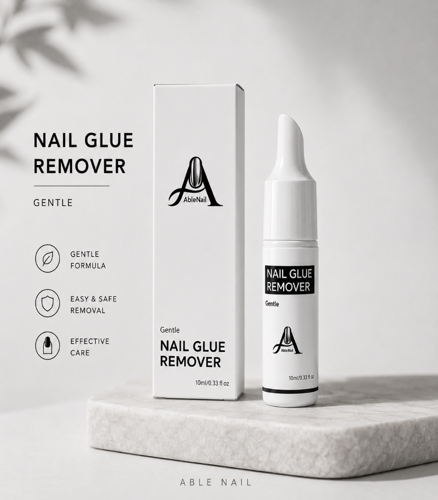 Nail glue remover bottle and packaging on a light background