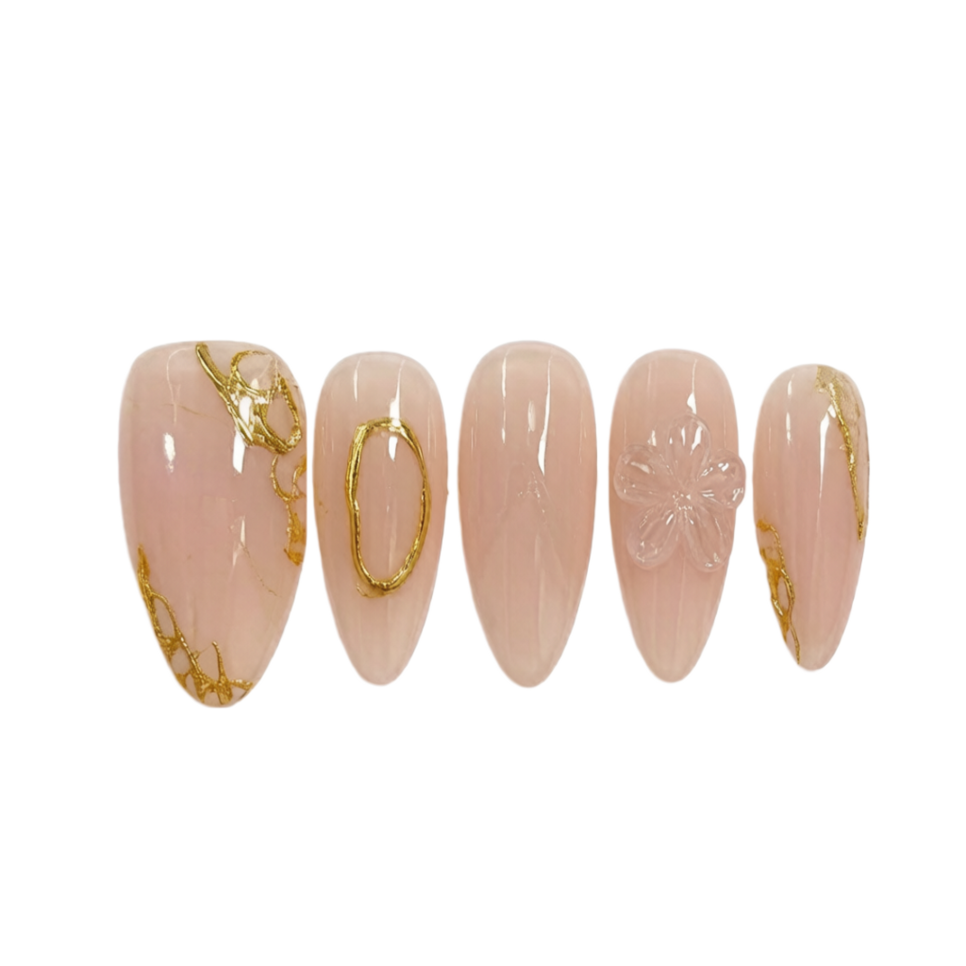 Set of pink nails with gold accents on a white background