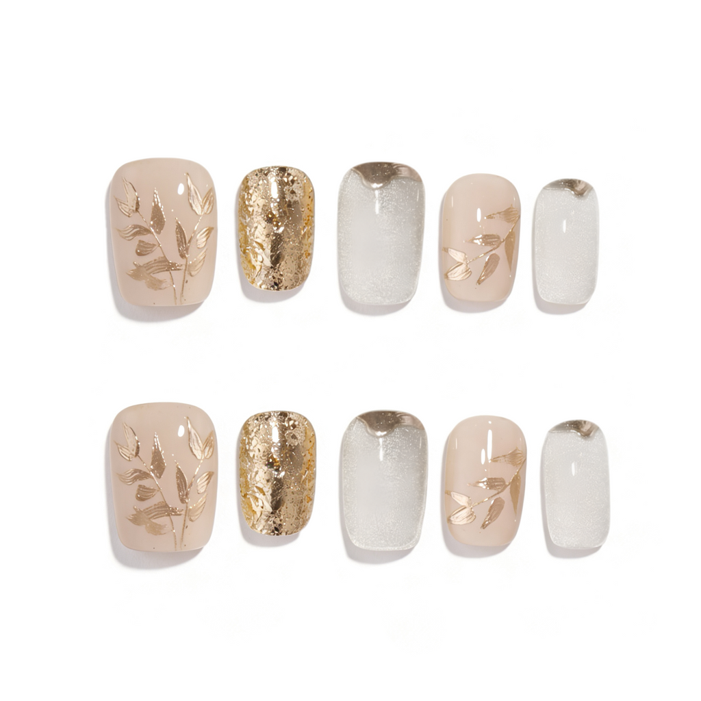 Set of nail designs with gold and beige patterns on a white background