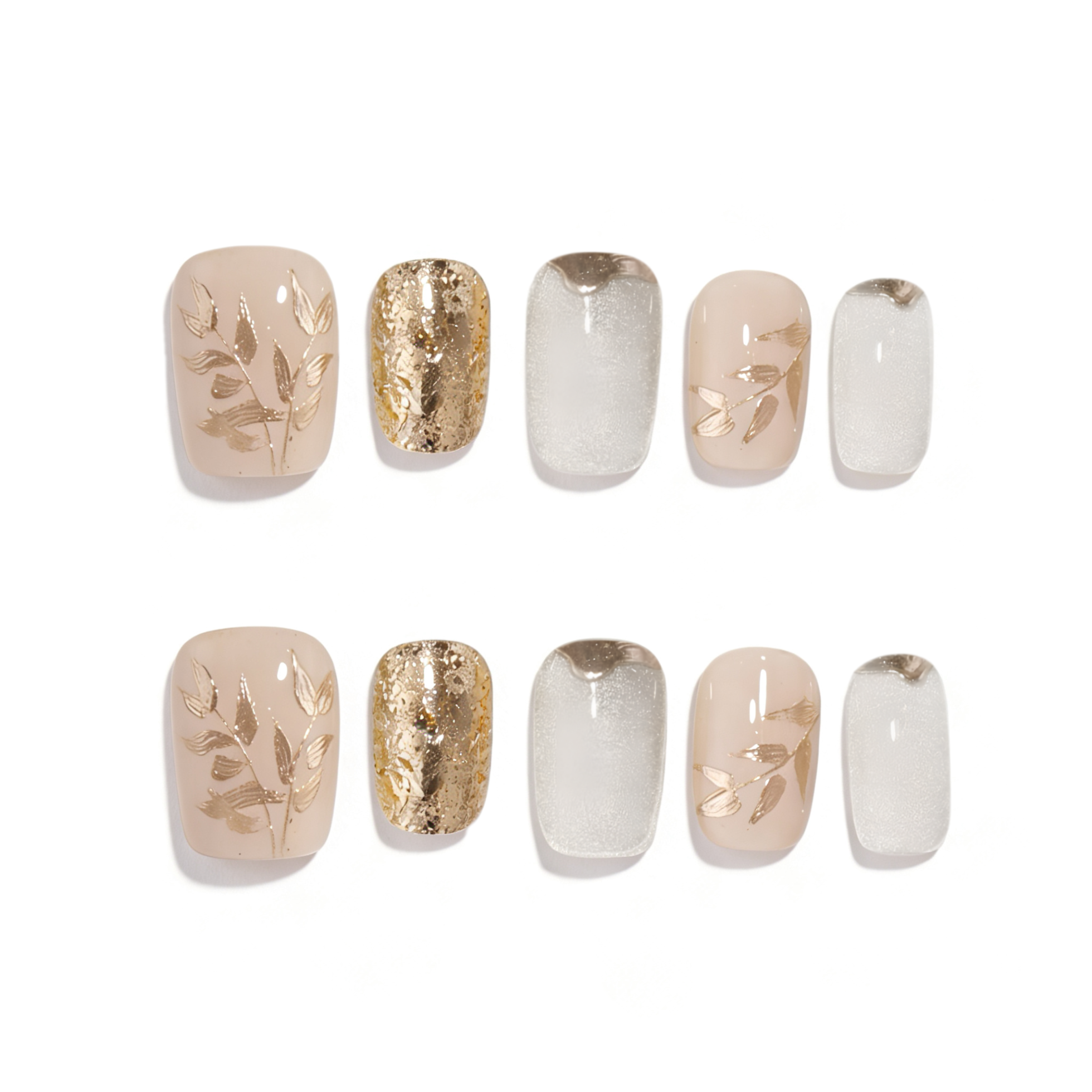 Set of nail designs with gold and beige patterns on a white background