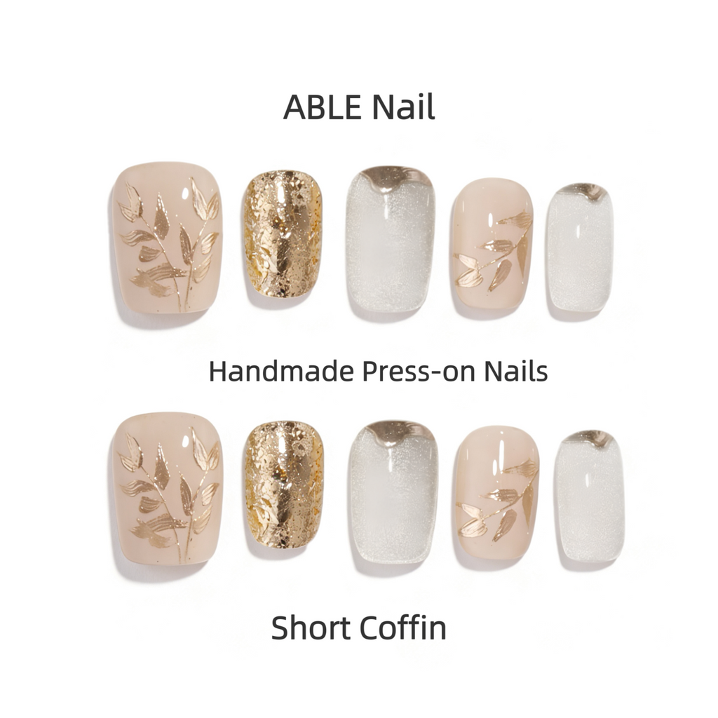 Collection of ABLE Nail handmade press-on nails with various designs on a white background.