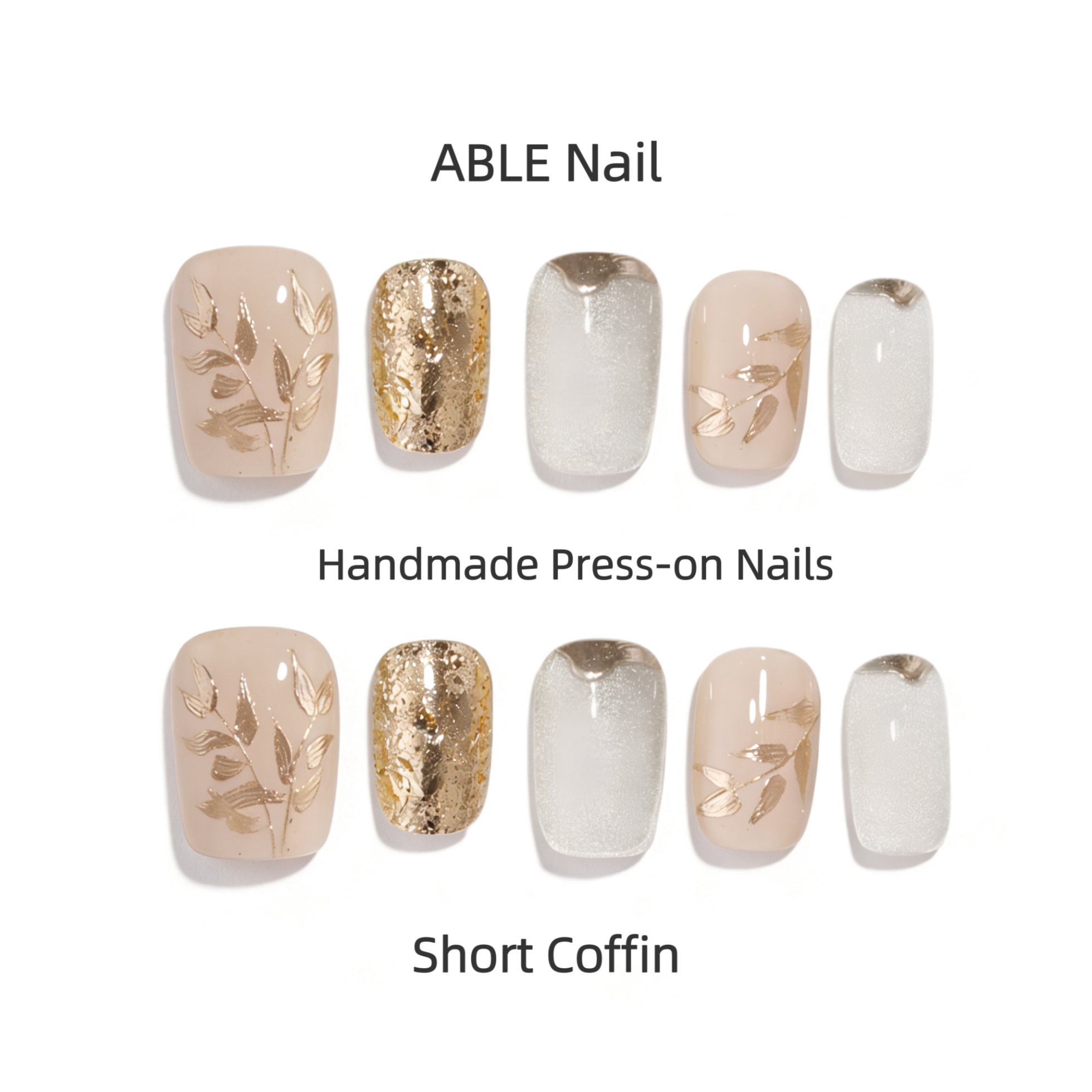 Collection of ABLE Nail handmade press-on nails with various designs on a white background.