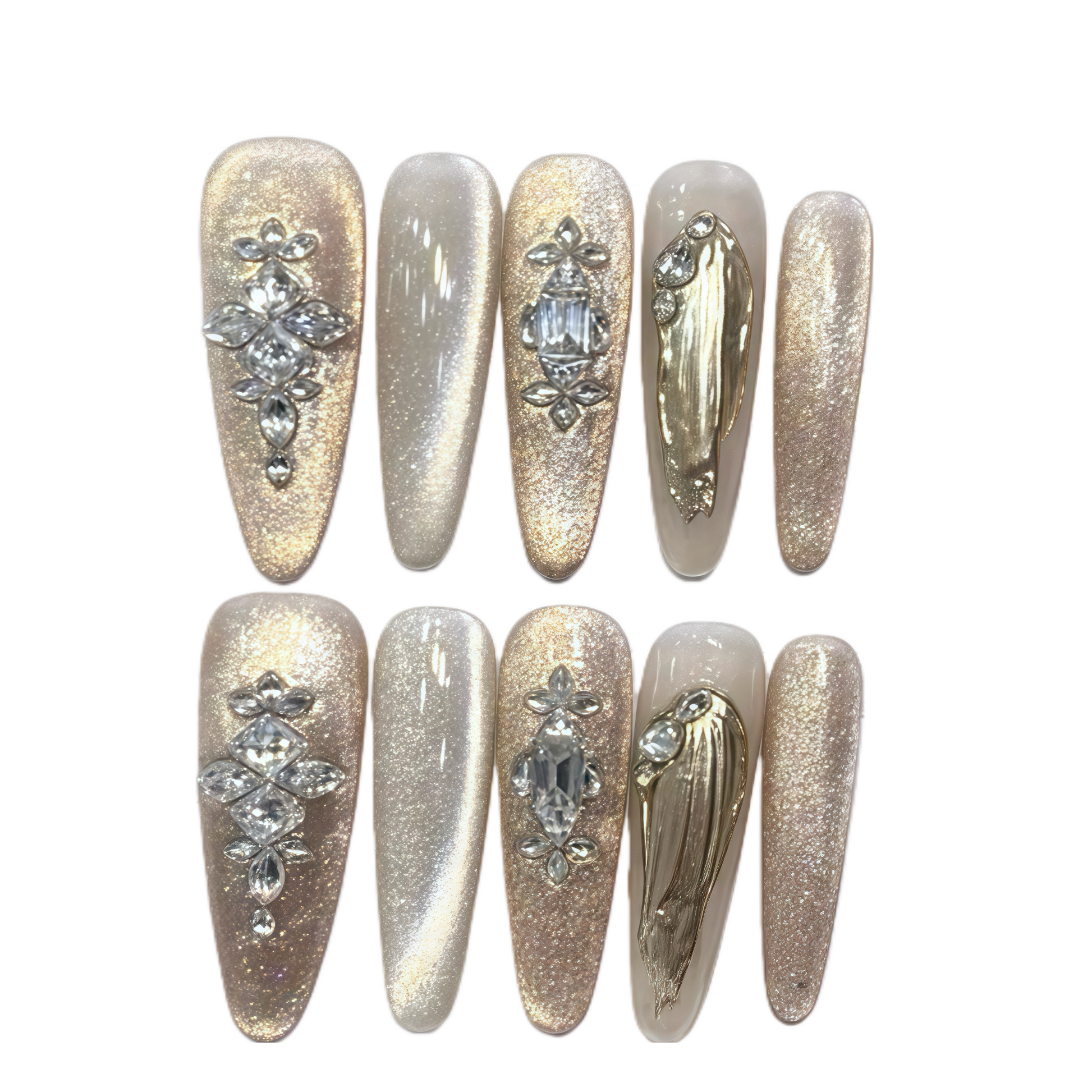 Set of decorative nails with gemstones on a white background