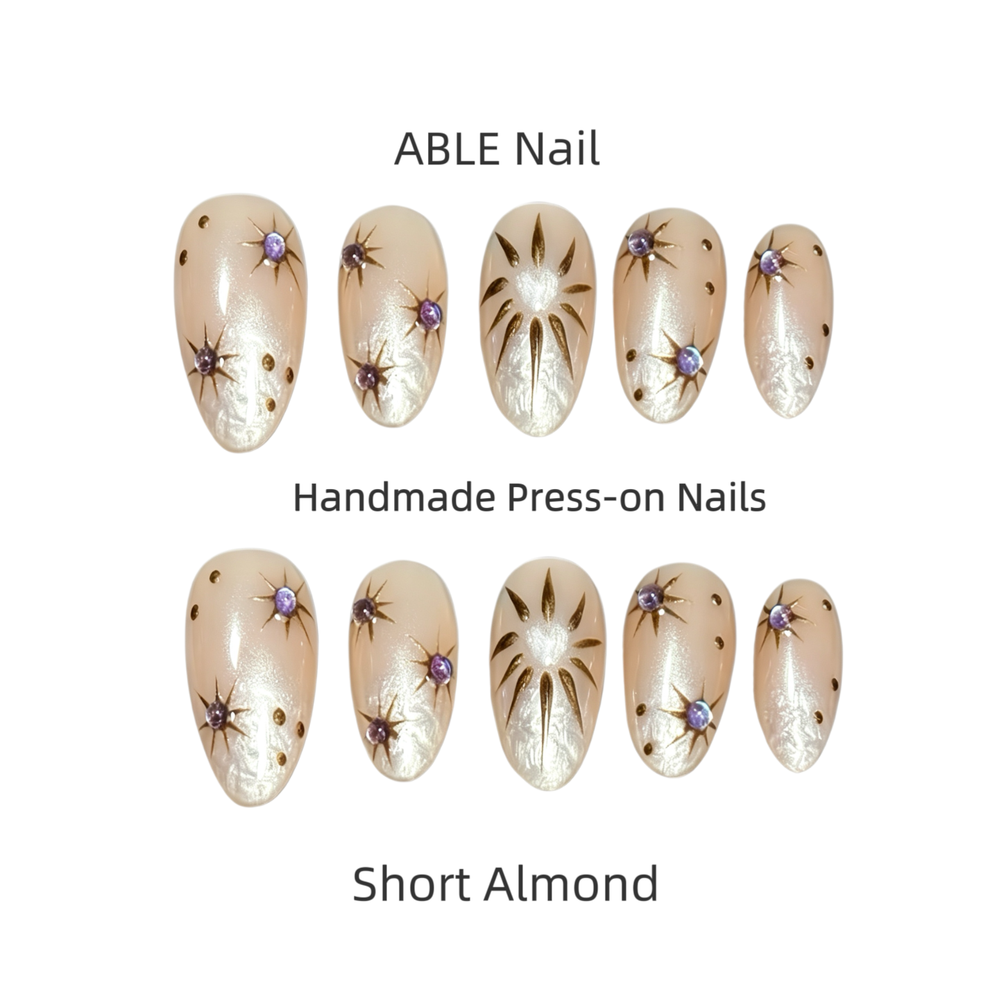 Handmade press-on nails with decorative designs on a white background, labeled 'ABLE Nail'.