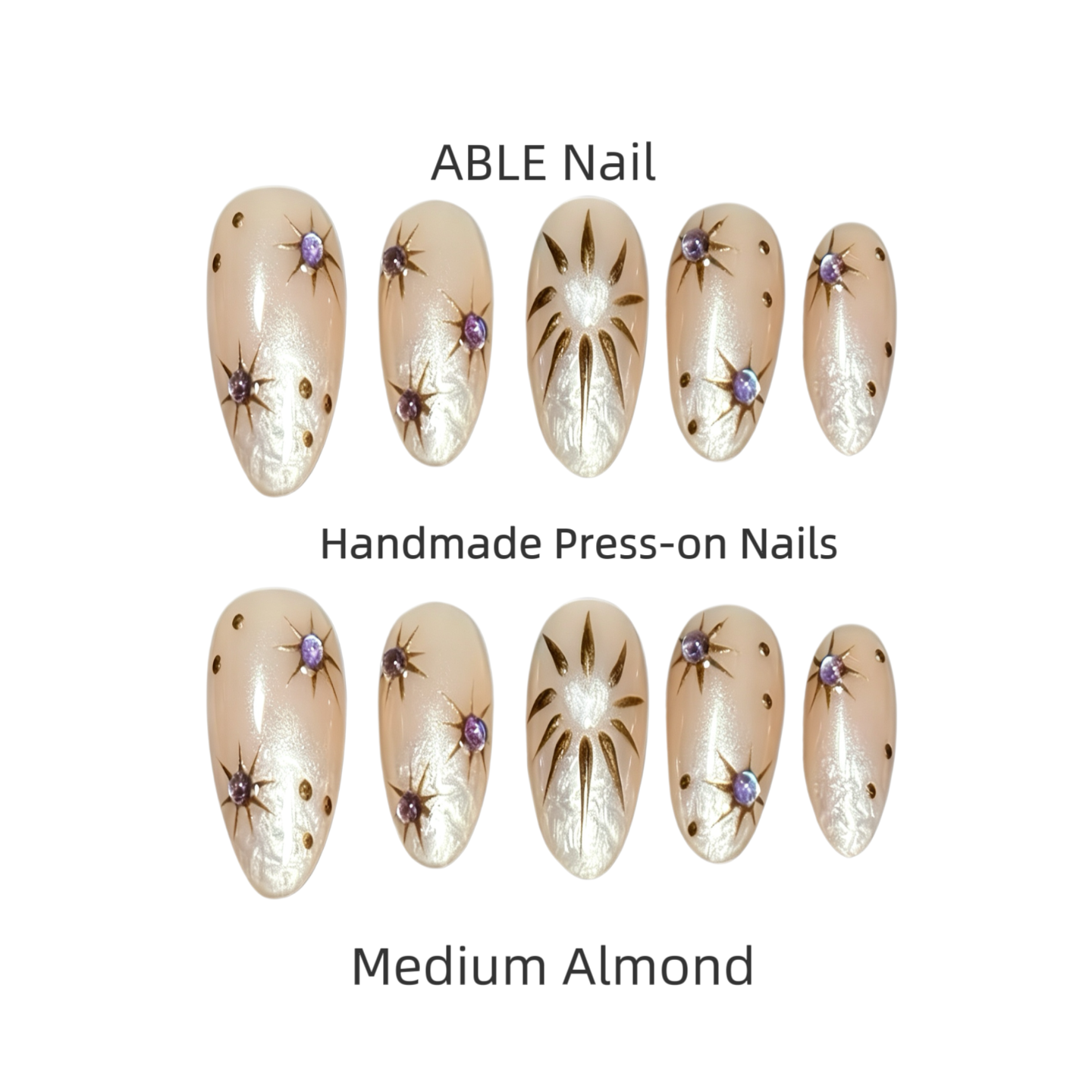 Set of ABLE Nail handmade press-on nails in medium almond design on a white background.