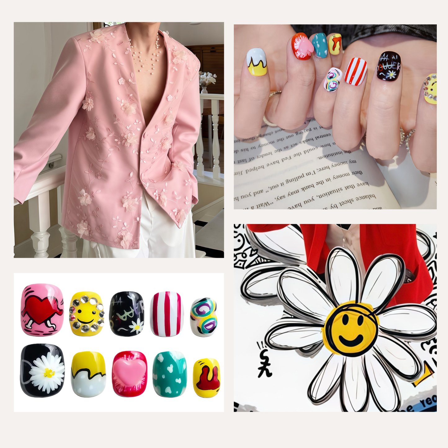 Collage of a pink jacket, colorful nail art, and a daisy with a smiley face.