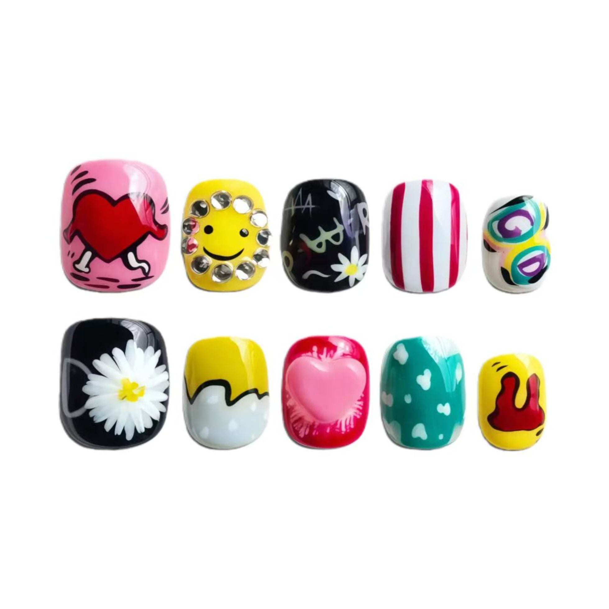 Set of colorful nail art designs on a white background
