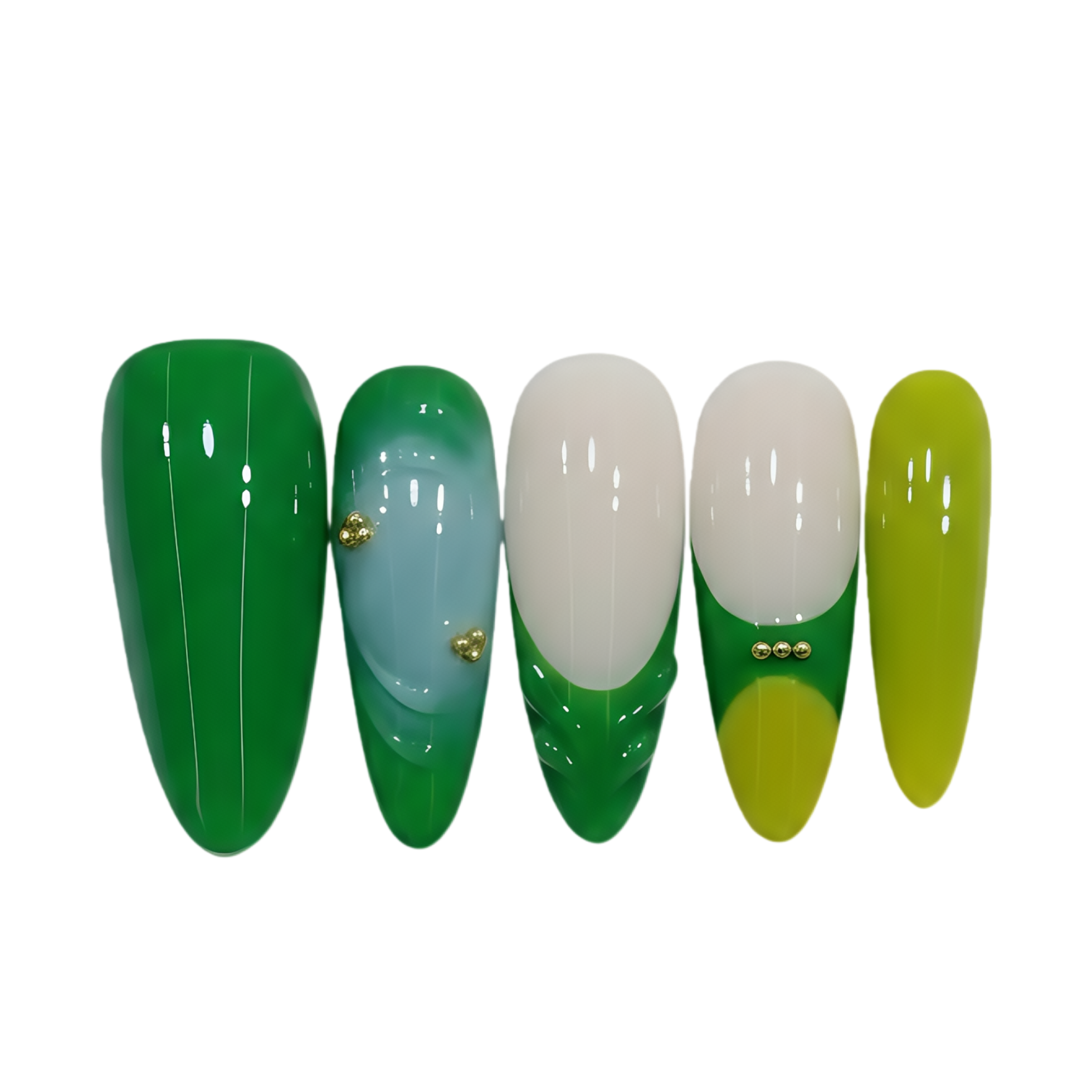 Set of green and white nail extensions on a white background