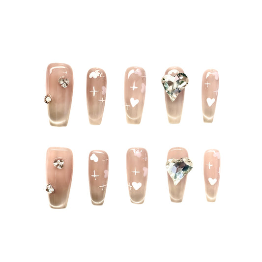 Handmade Heart Rhinestone Nude Ombre Press On Nails | Long Coffin False Nails with Star & Heart Designs