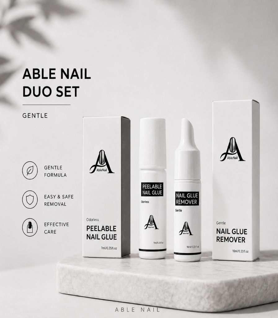 Able Nail Duo Set with nail glue and remover on a light gray background