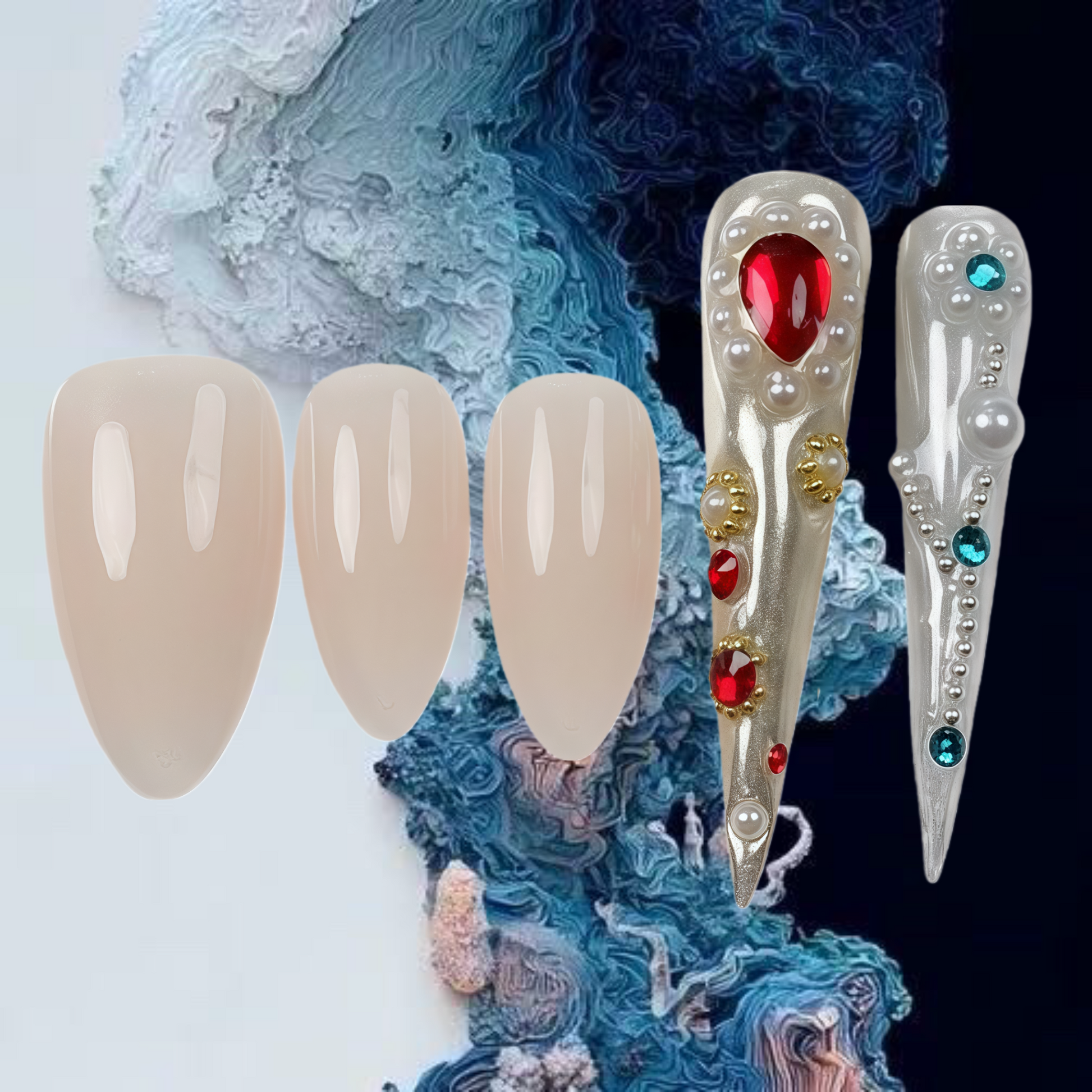 Decorative nail art with beige nails and ornate hair pins on a textured blue and white background