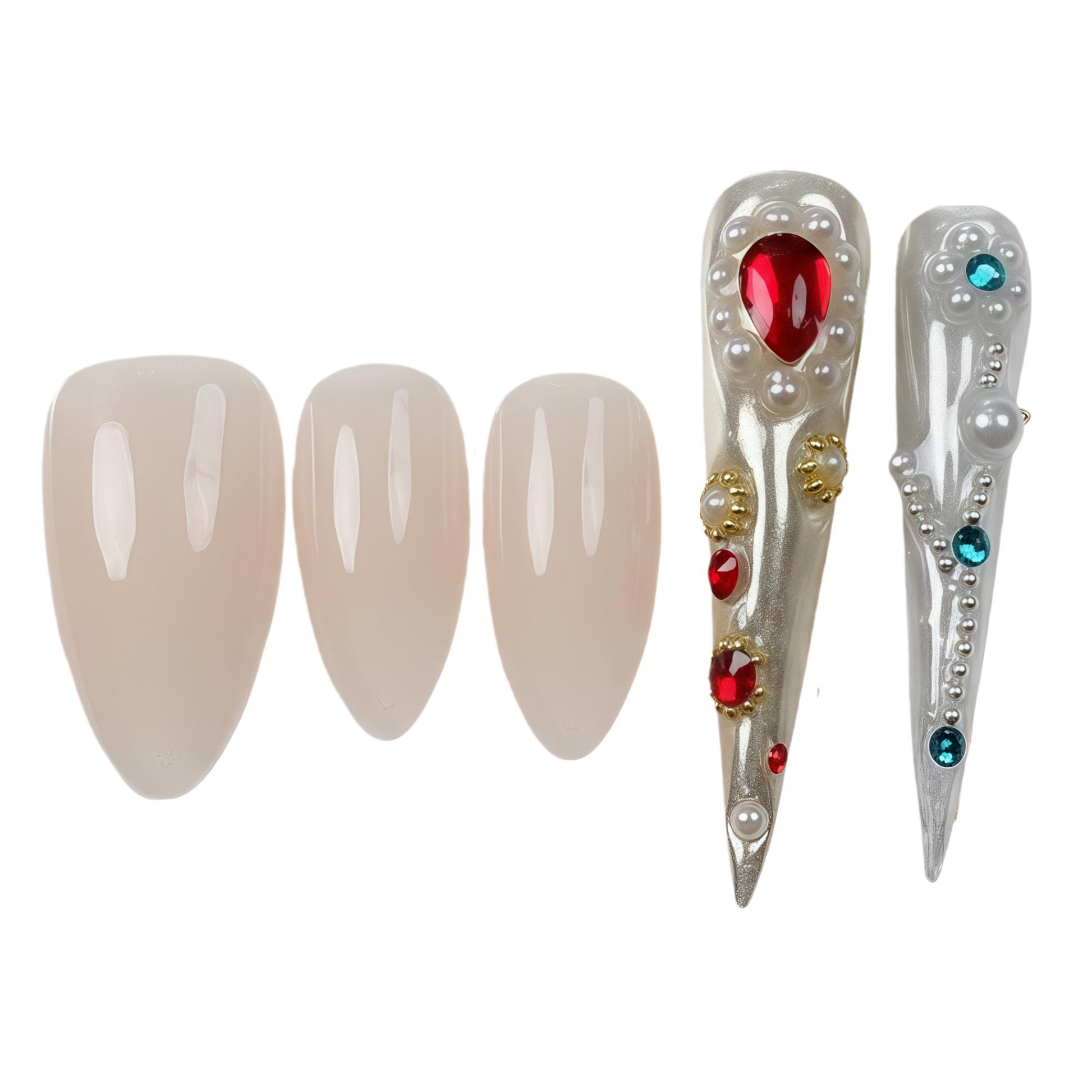 Decorative nail tips with gemstone-studded hair clips on a white background