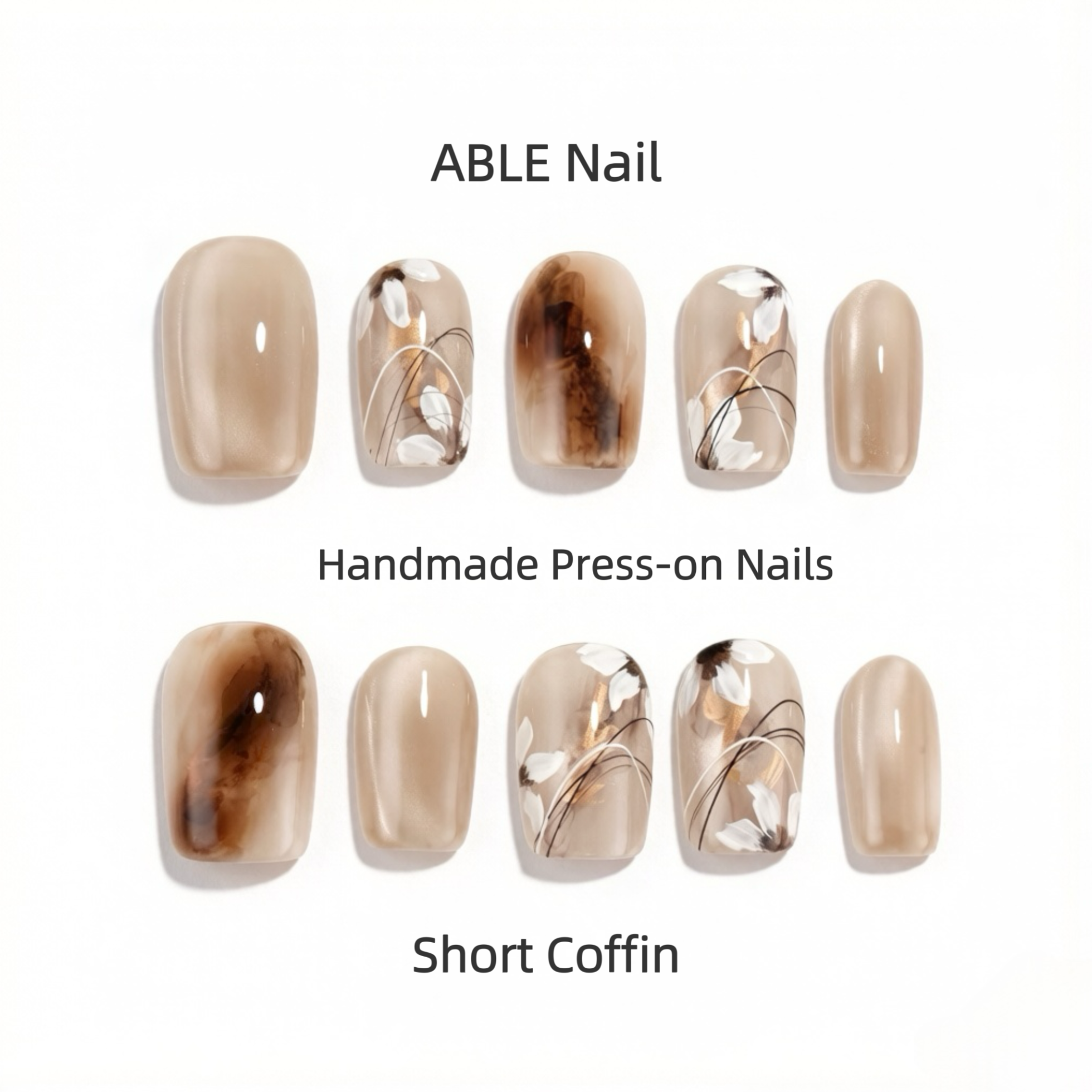 Handmade press-on nails with ABLE Nail branding on a white background