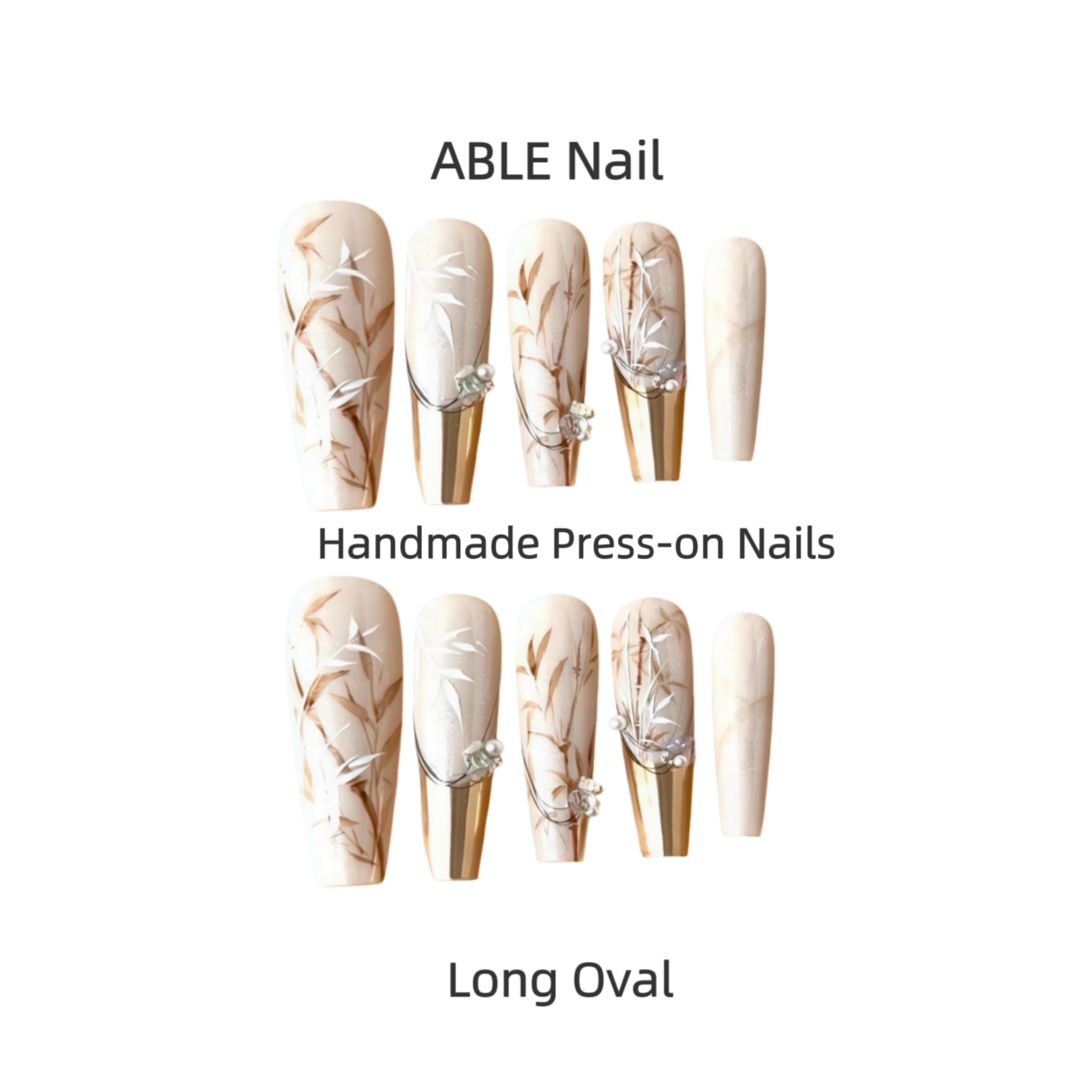 Handmade press-on nails with ABLE Nail branding on a white background